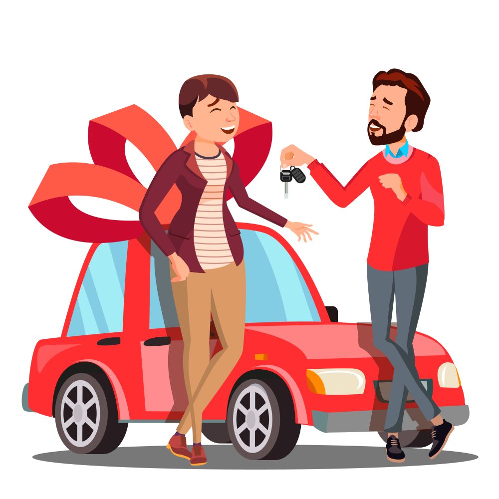 Man Giving Woman Keys Of Red Car Vector. Present, Gift. Isolated Illustration. Man Giving Woman Keys Of Red Car Vector. Present, Gift. Illustration