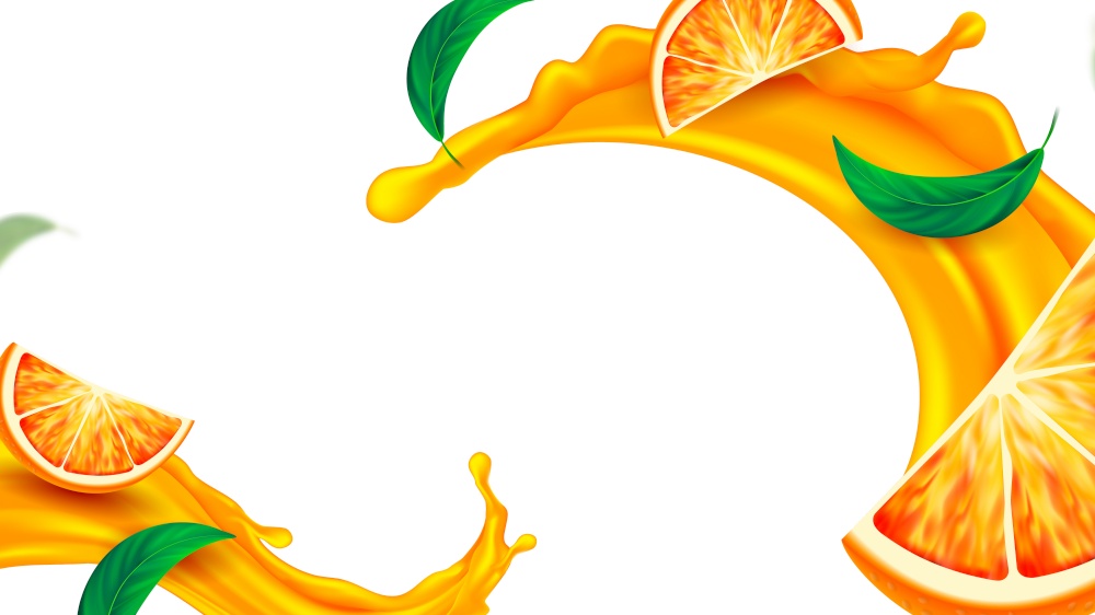 Orange Juice Splash And Mint Copy Space Vector. Refresh Natural Orange Drink With Tasty Spice Green Leaves. Fresh Citrus Tropical Vitamin Beverage Template Realistic 3d Illustration. Orange Juice Splash And Mint Copy Space Vector