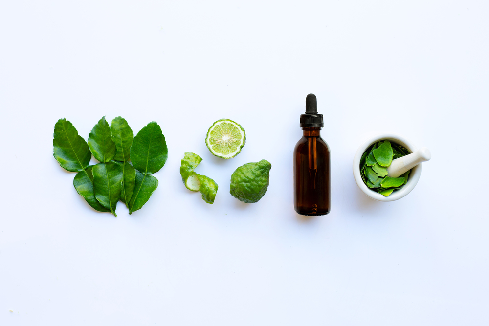 Bottle of essential oil and  fresh kaffir lime or bergamot fruit with leaves isolated on white background.