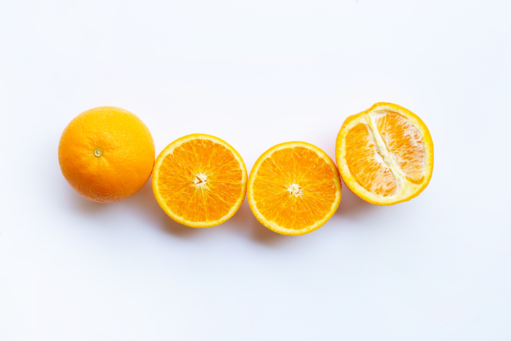 High vitamin C. Fresh orange citrus fruit on white background.