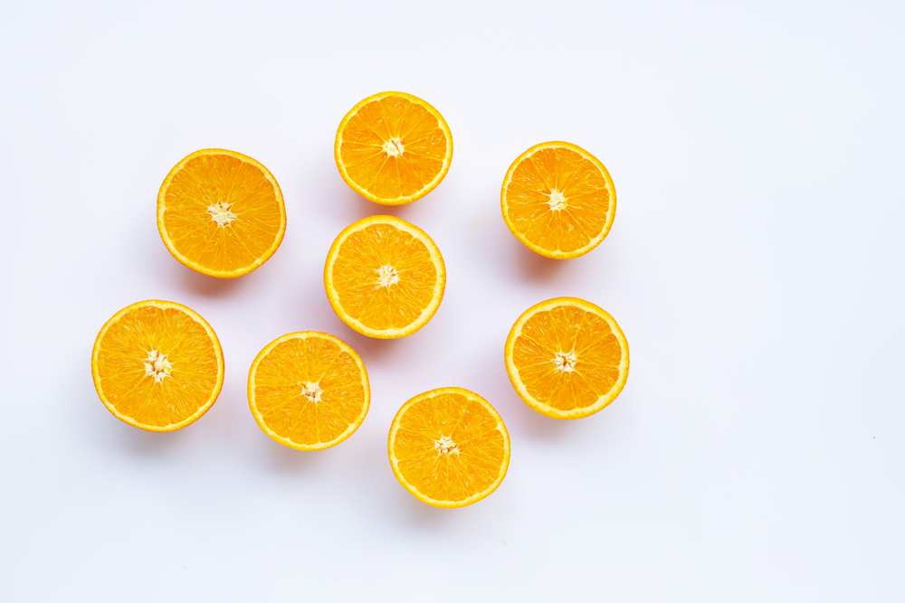 High vitamin C. Fresh orange citrus fruit isolated on white background.