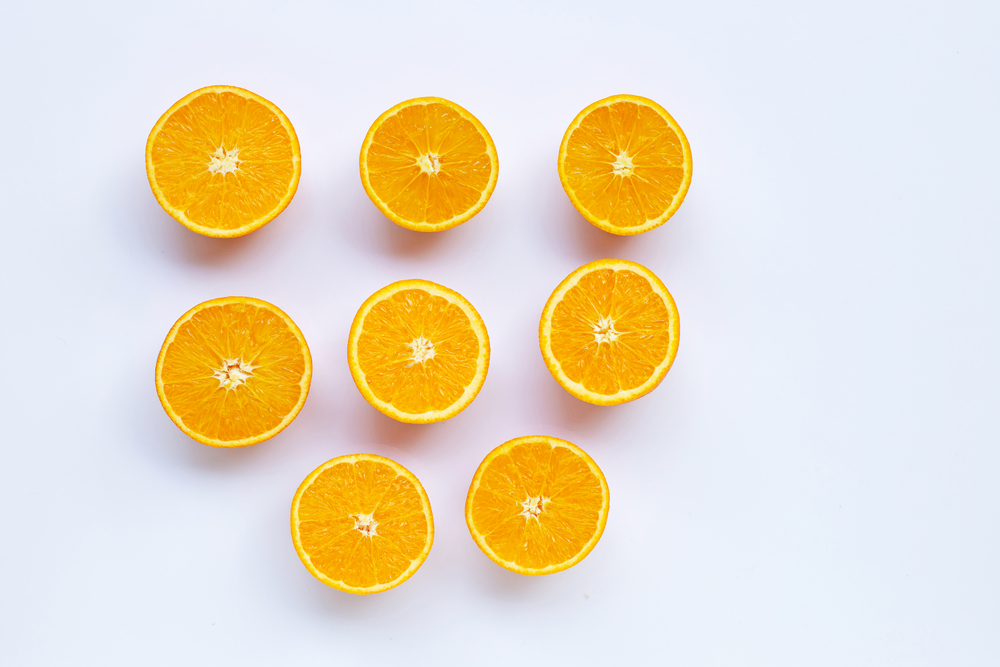 High vitamin C. Fresh orange citrus fruit on white background.