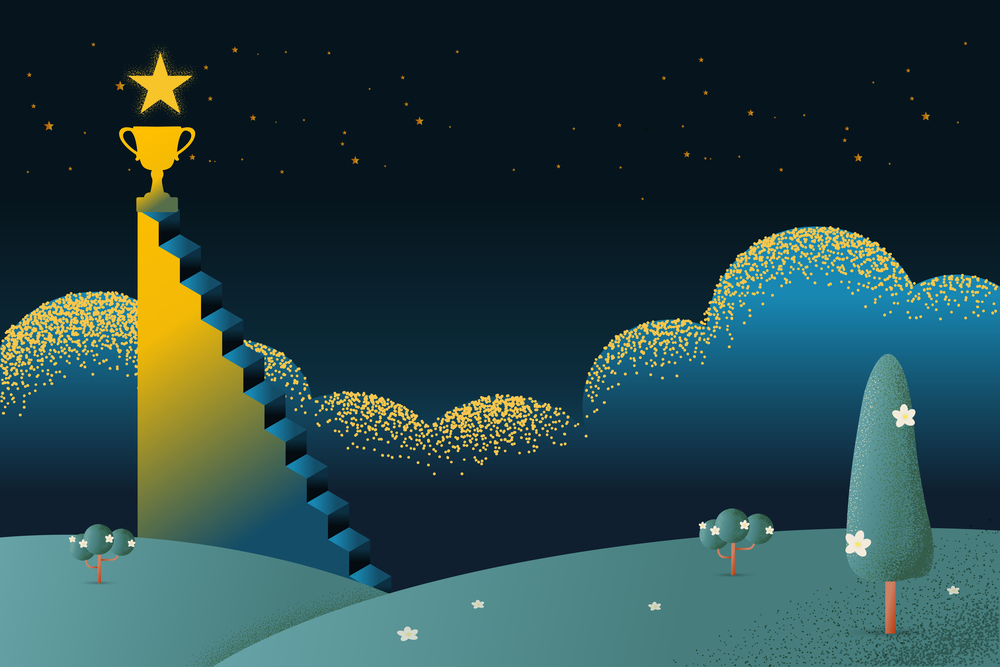 A ladder reaching up to reaching star trophy cup against on night scene beautiful Nature landscape, frame and space for text on sky background Vector texture style concept illustration