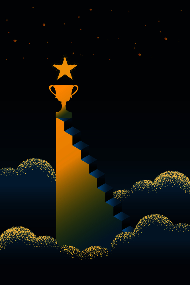 A ladder reaching up to reaching star trophy cup against on night scene beautiful Nature landscape, frame and space for text on sky background Vector texture style concept illustration