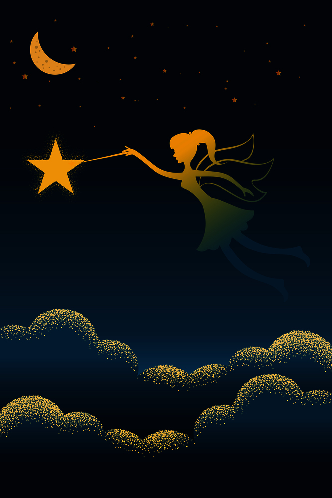 Angel silhouette with ornamental wings. Beautiful praying angel with magic wand moon with star against on night scene beautiful  Nature landscape on sky background Vector texture style illustration