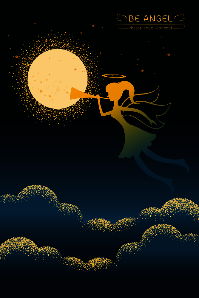 Angel silhouette with ornamental wings. Beautiful praying angel with trumpet moon with star against on night scene beautiful Nature landscape on sky background Vector texture style  illustration