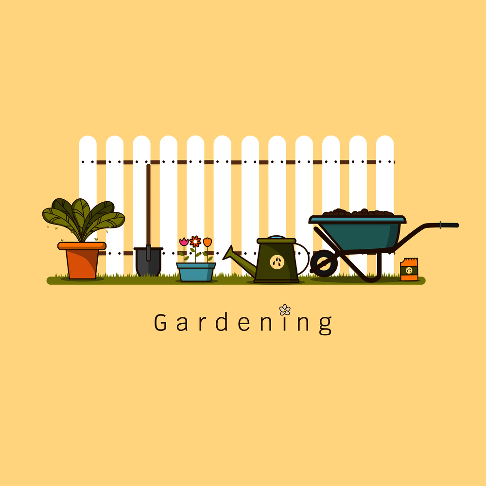 Concept of gardening or agriculture . Garden tools. Banner with summer garden landscape cute cartoon flat style Vector illustration