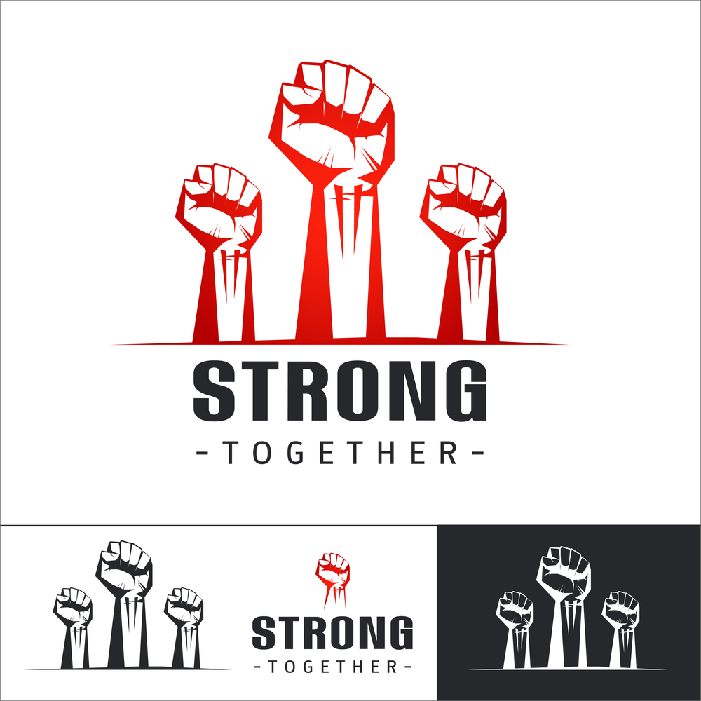 Clenched fists raised in protest. Set of Logo template Three human hands raised in the air. Vector illustration isolated on white background.