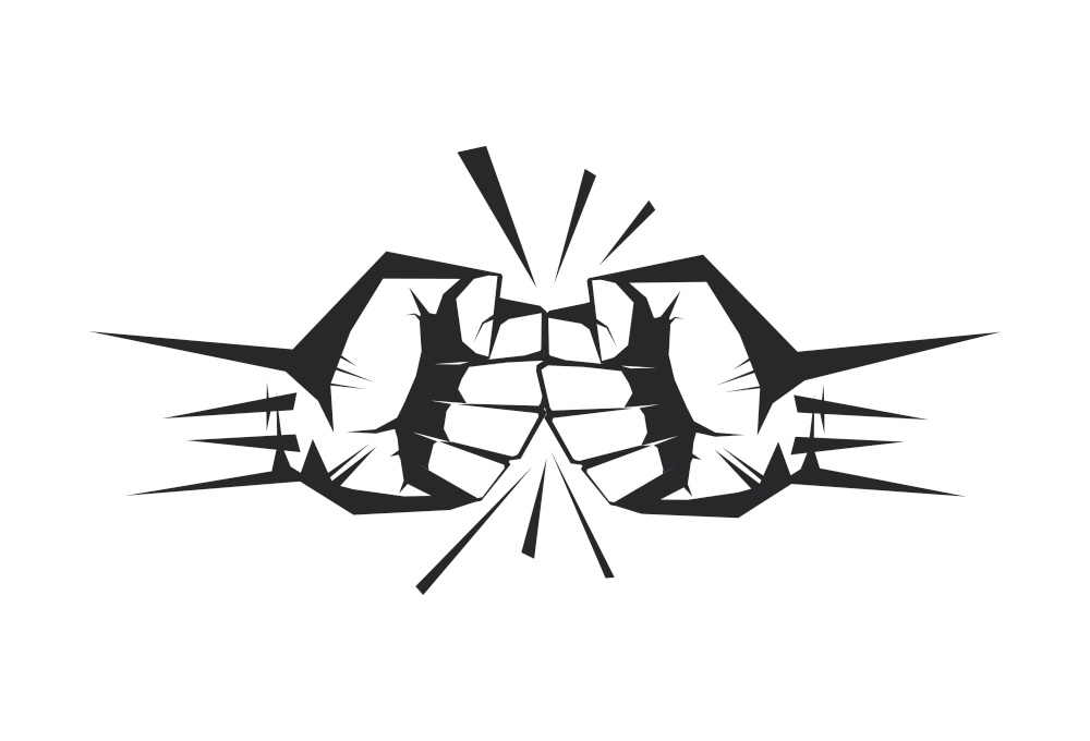 Two clenched fists bumping together. The concept of conflict, confrontation, resistance, competition, struggle. Hand drawn isolated on white background vector illustration