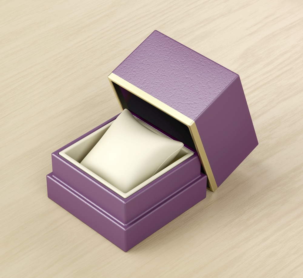 Purple watch box on wooden desk