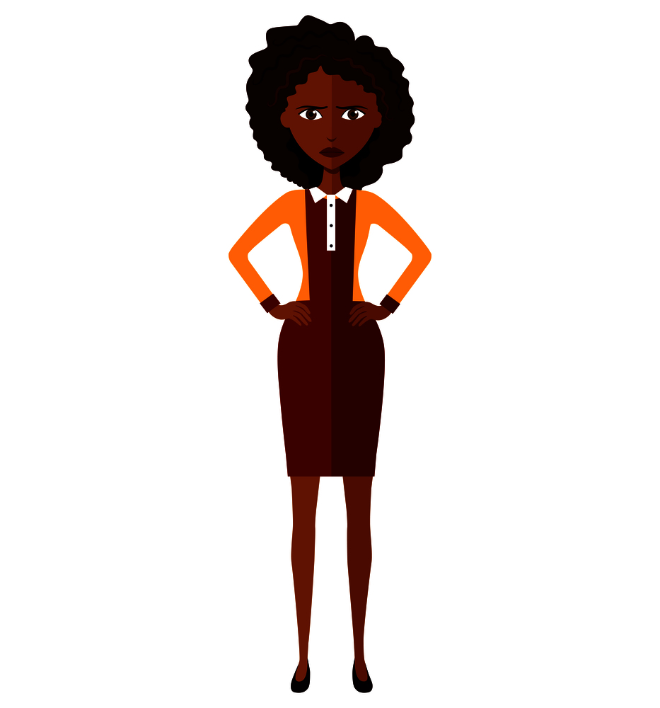 African american worried woman. Angry business lady. Manager woman. Frowning young woman. Confused woman. Emotional curly cutout character