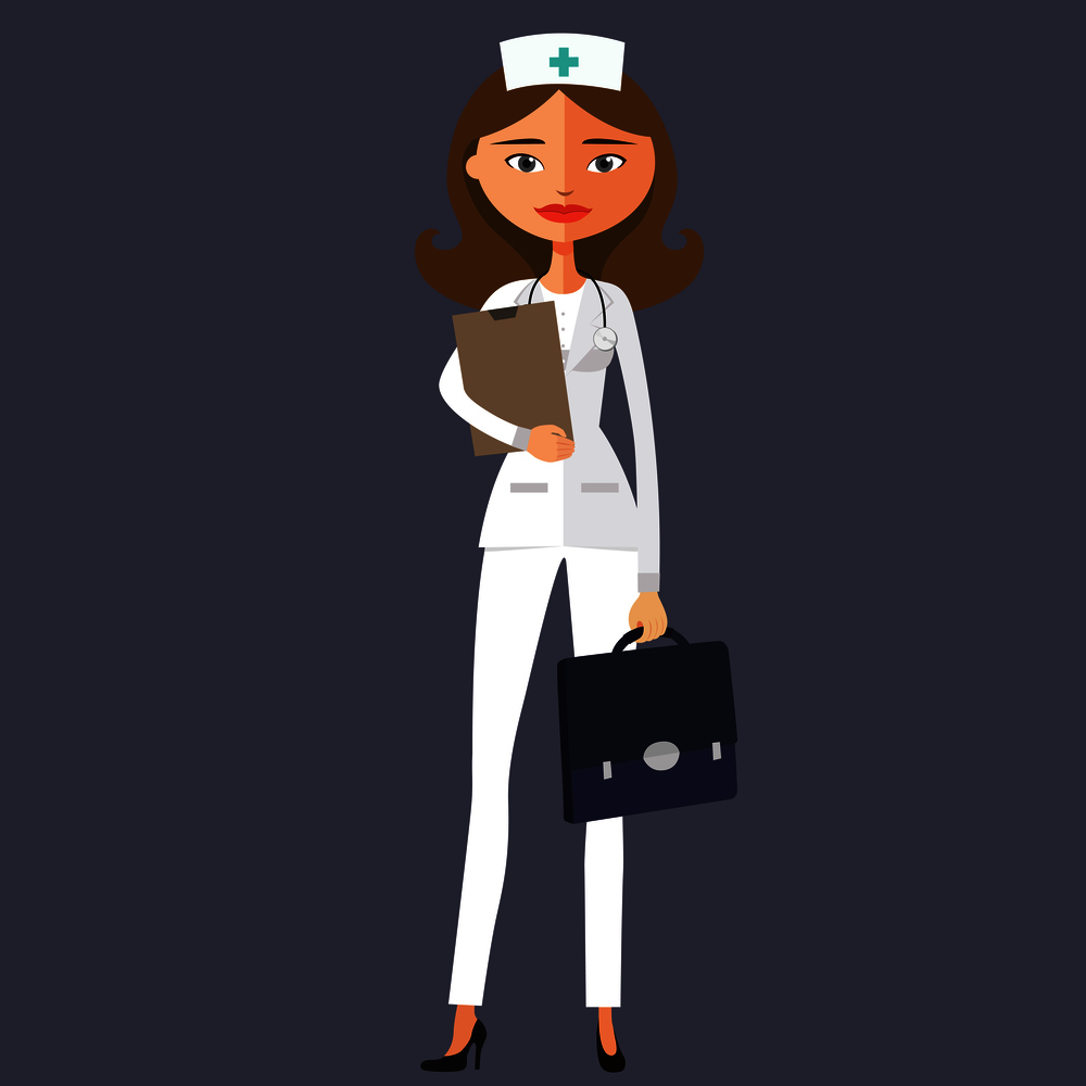 Smiling female doctor with papers flat cartoon vector illustration