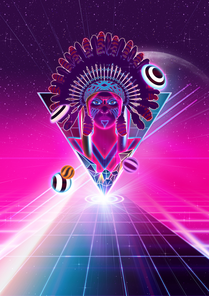 Glowing futuristic background with native american man design, 3d illustration.