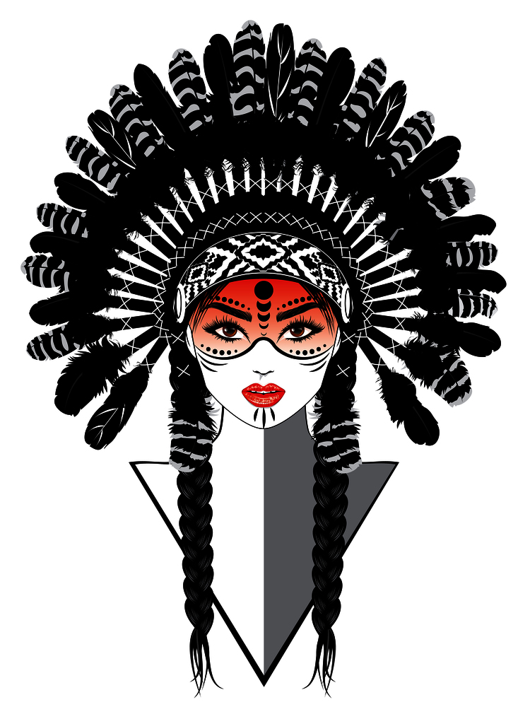 Native american woman wearing war bonnet, tribal portrait design.