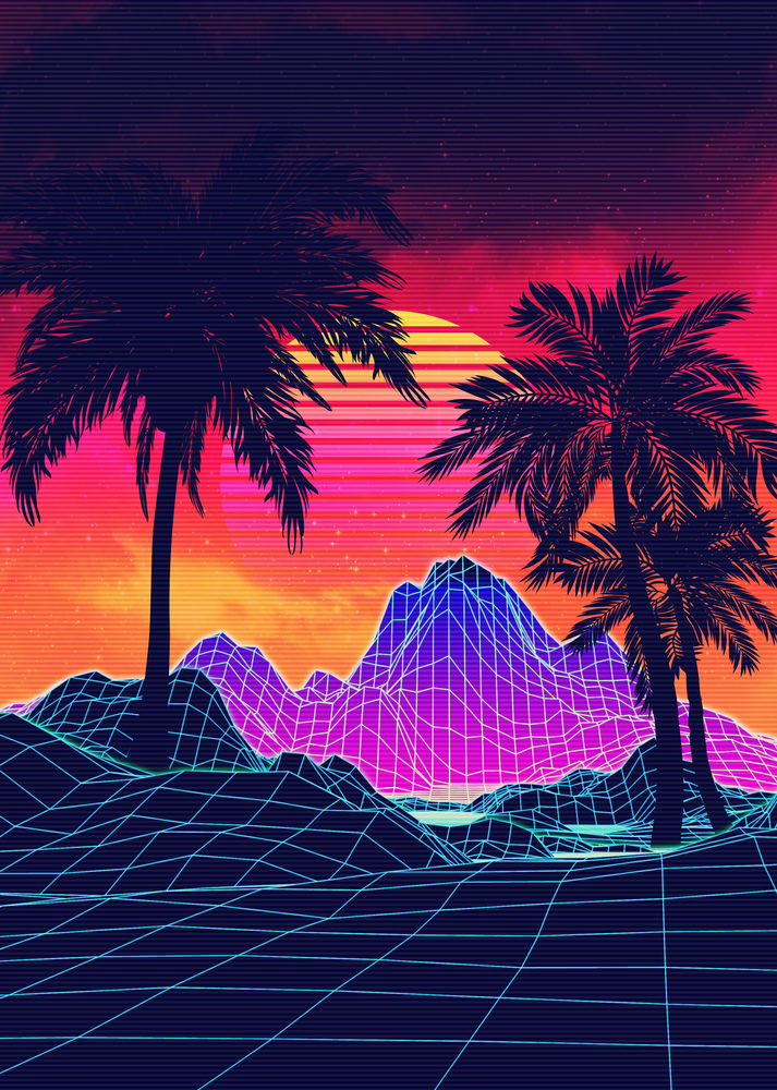 Neon glowing grid rocks and palm trees, futuristic landscape design, 3d illustration.