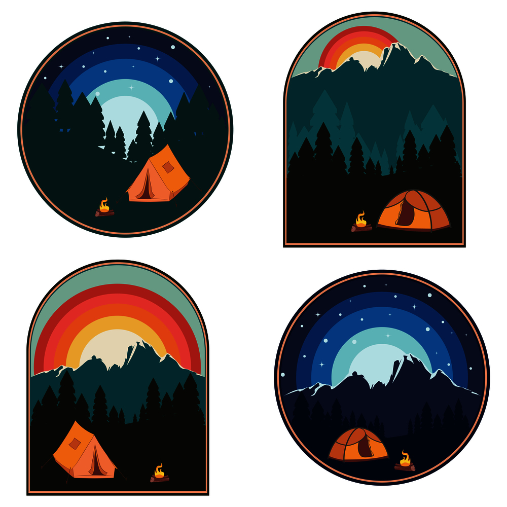 Forest near big mountain over sunset sky, summer camping themed illustration.