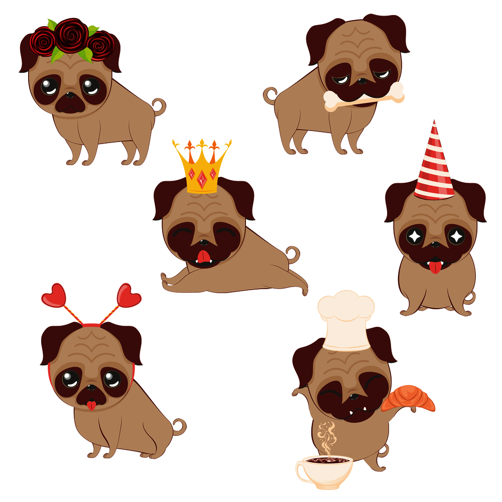 Cartoon kawaii pug with party props in different poses.