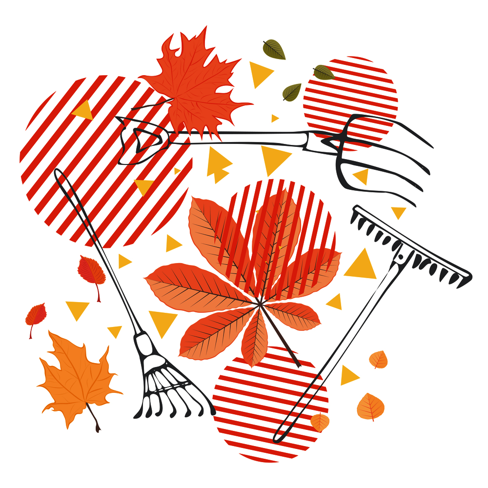 Autumn fallen leaves with rake design illustration.