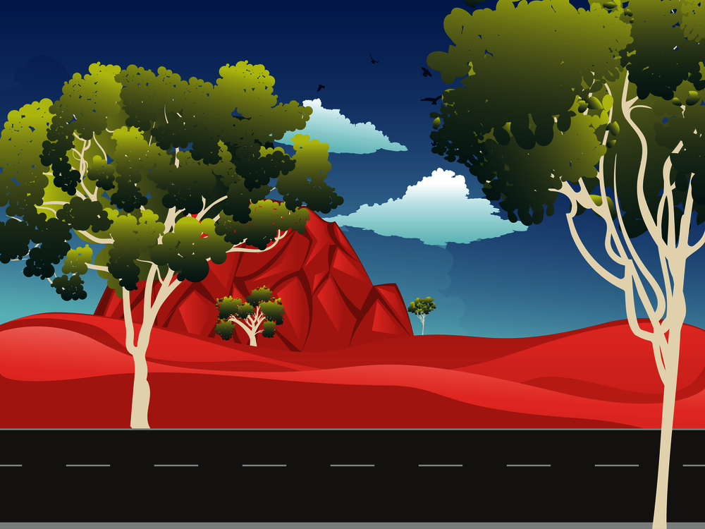 Cartoon red desert, Australian landscape with trees illustration.