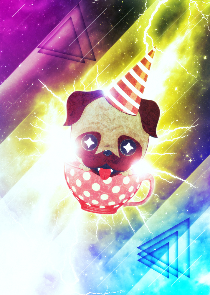 Abstract kawaii pug flying in a cup over background with lightings and starry texture.