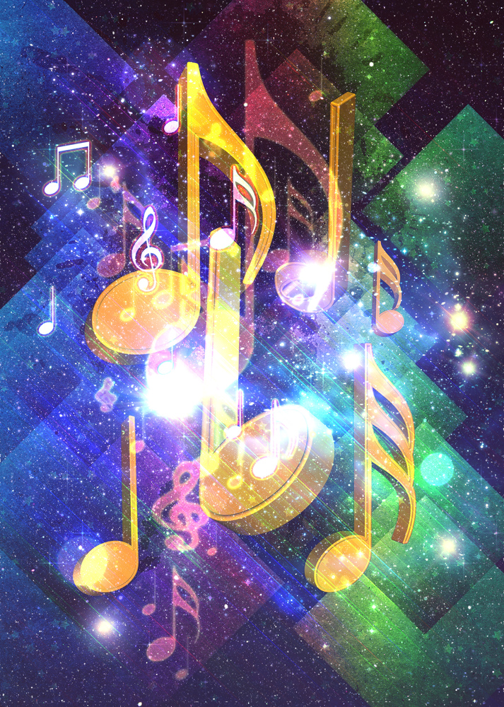 Colorful retro style music poster design background with hard paper texture and music notes.