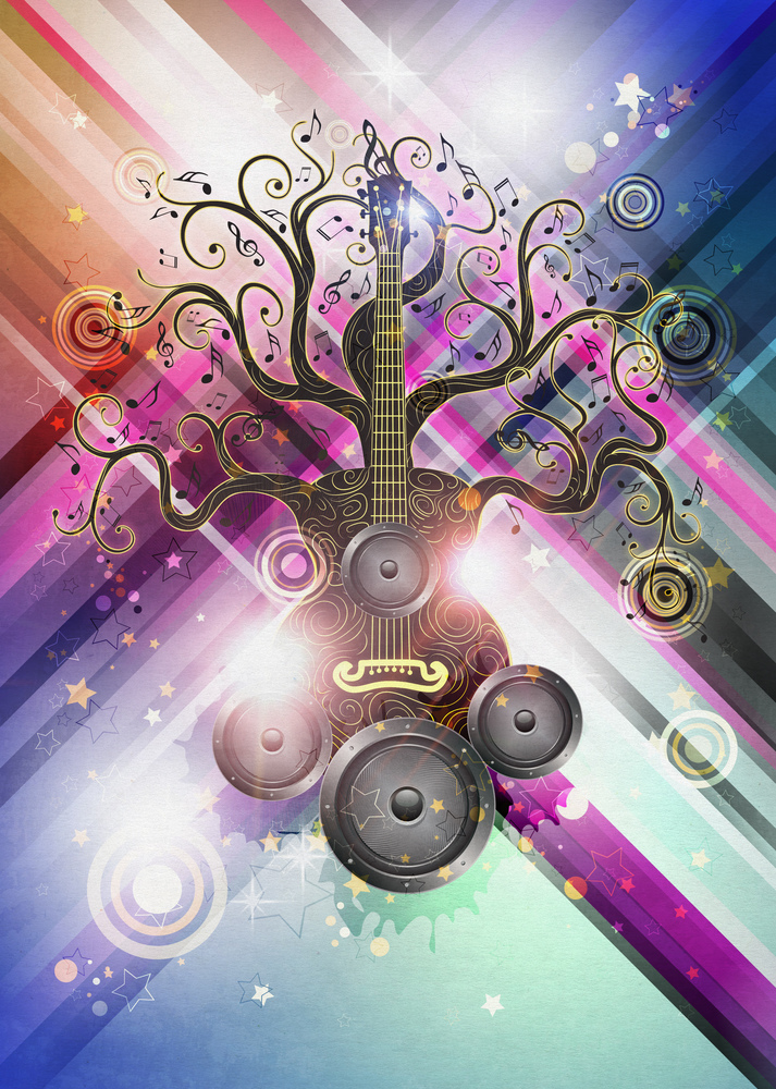 Modern glowing music poster with guitar tree design background.