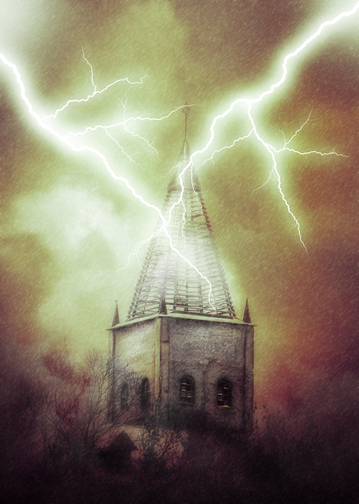 Distressed old brick tower during thunderstorm, dramatic illustration.