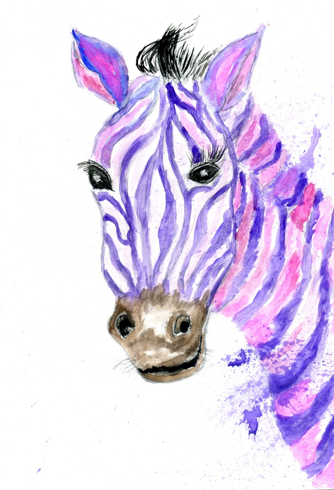 Hand drawn cartoon cute animal, purple zebra watercolor illustration.
