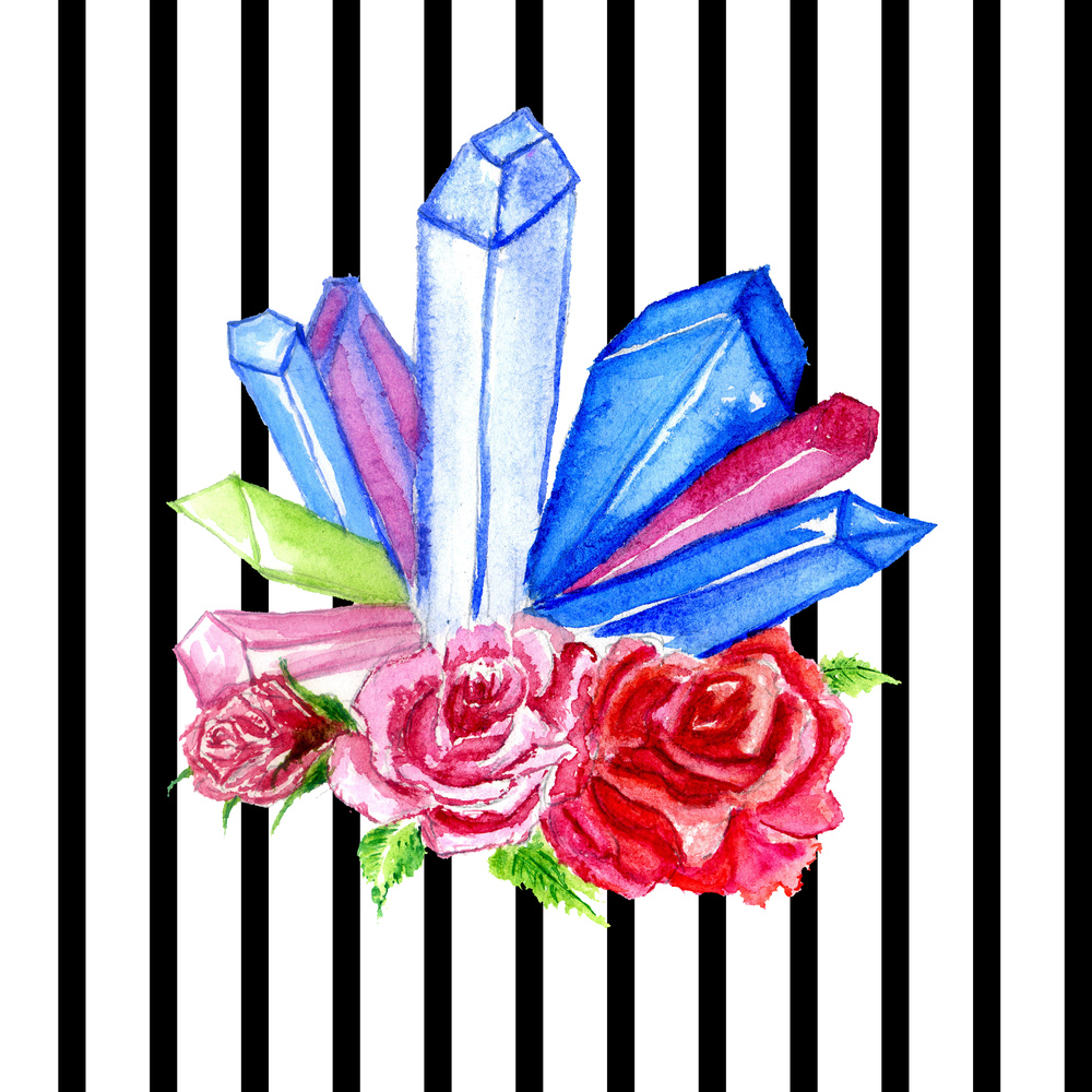 Watercolor rock crystals with roses over black stripes geometric floral background.