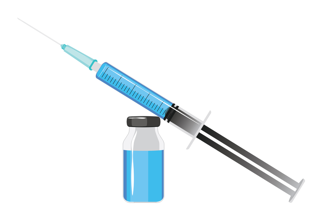 Medical syringe and vial, vaccination, injection, infection prevention illustration.