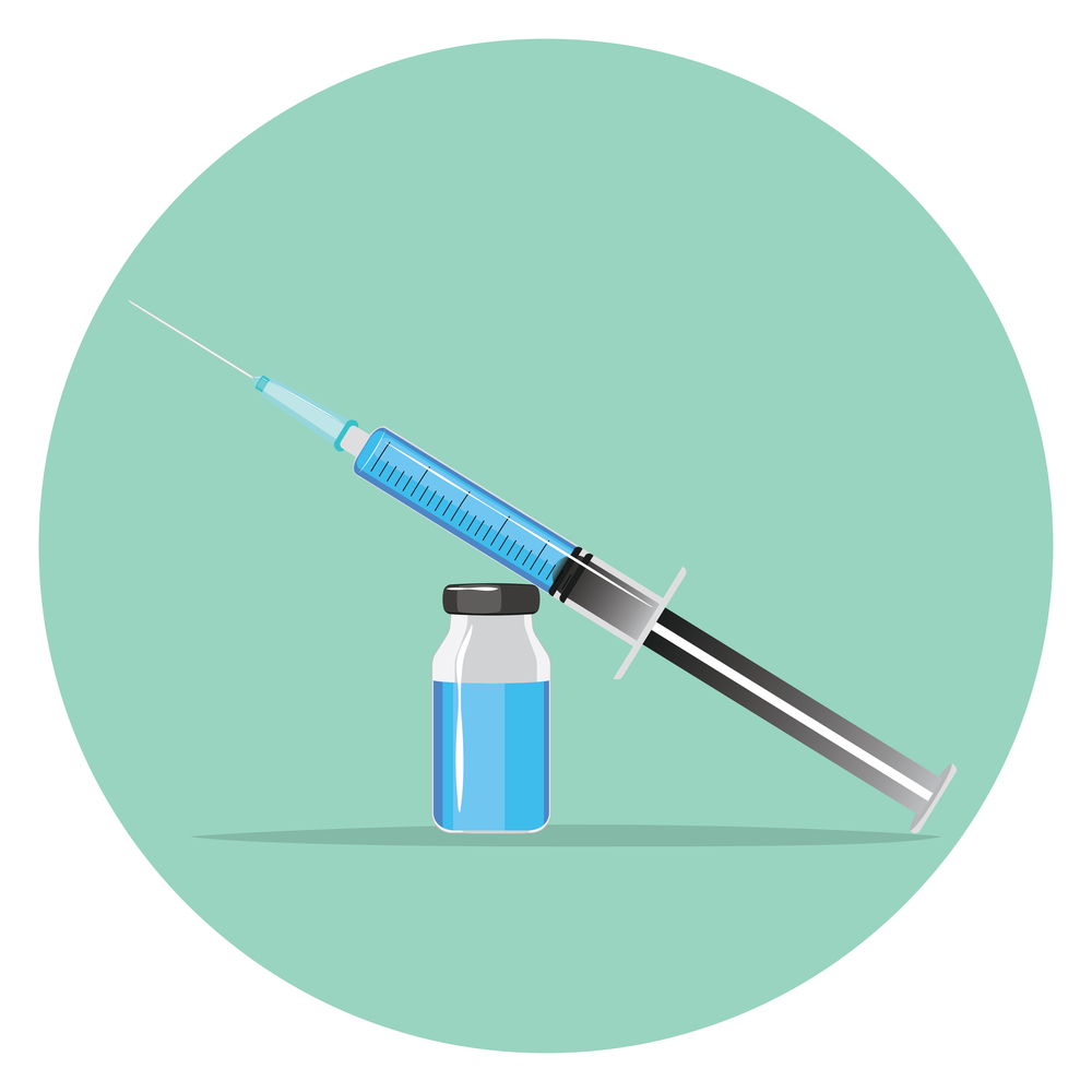Medical syringe and vial, vaccination, injection, infection prevention illustration.
