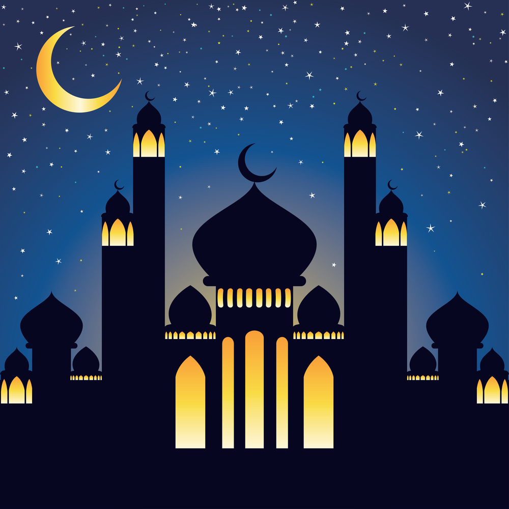 Decorative crescent moon and Muslim temple, mosque design.