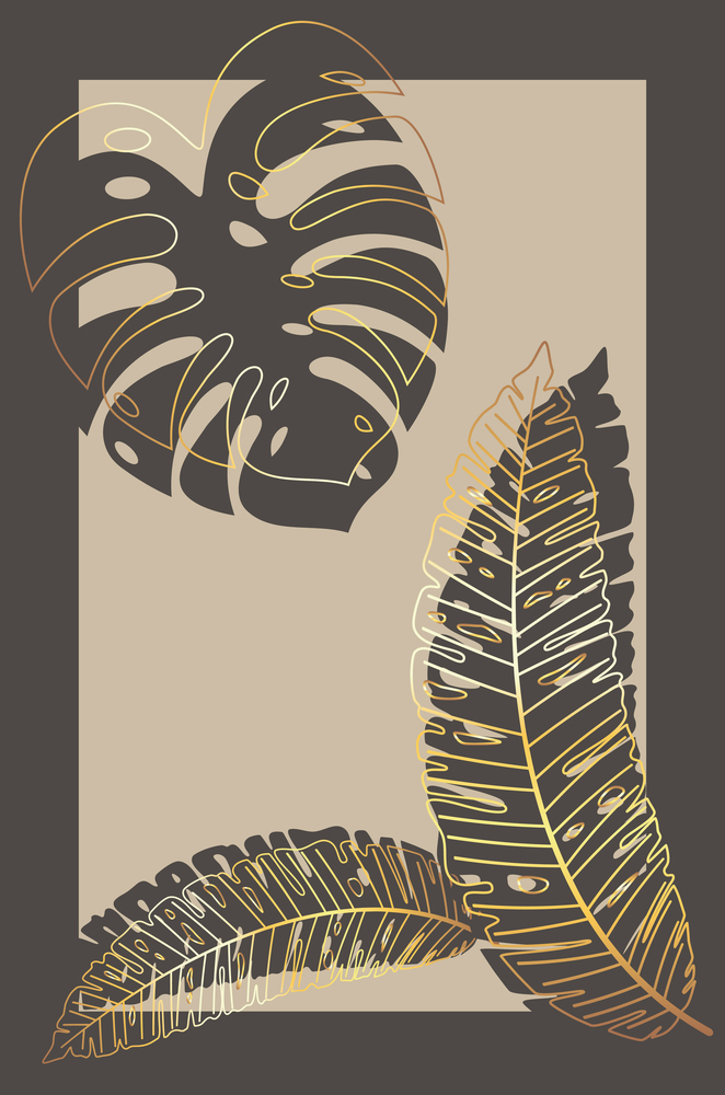 Abstract design with golden tropical leaves illustration.
