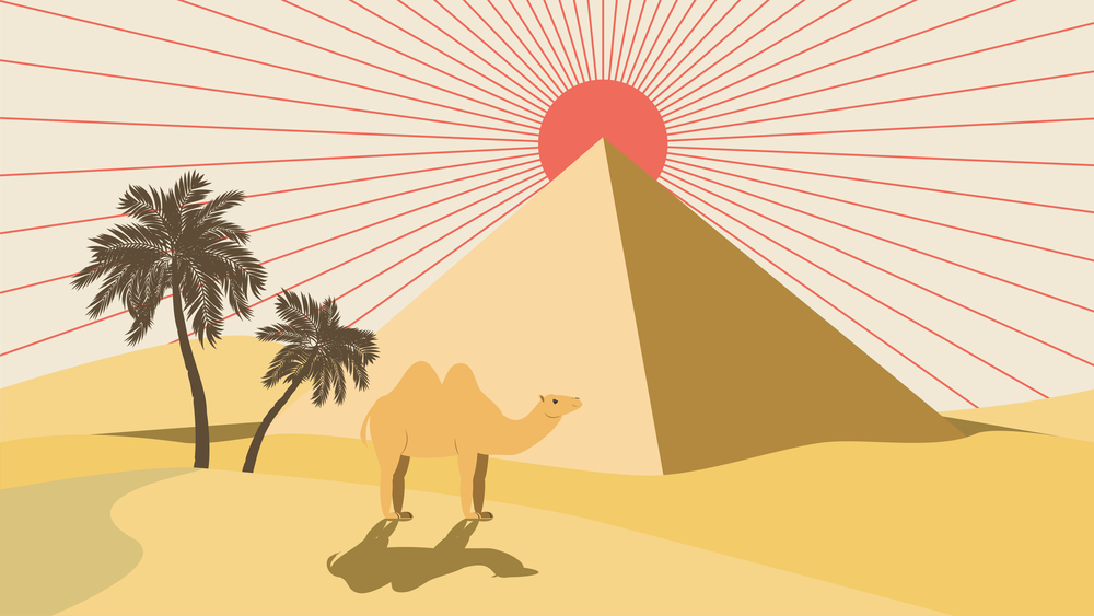 Ancient Egypt desert landscape with big pyramid illustration.