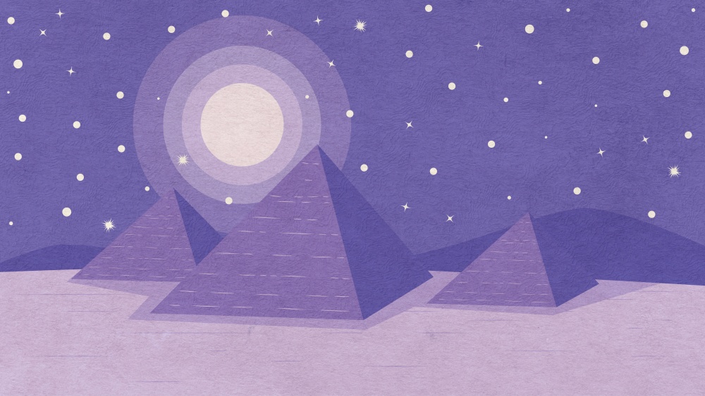 Ancient Egypt desert, night landscape with three pyramids, grunge illustration.