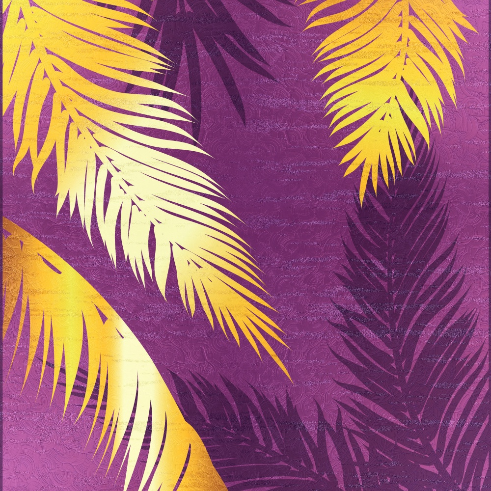 Decorative retro design with golden palm leaves textured illustration.