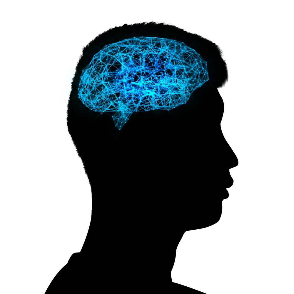 Human head shape silhouette with brain. Alzheimer&rsquo;s disease on white background, artificial intelligence in futuristic technology concept, 3d illustration