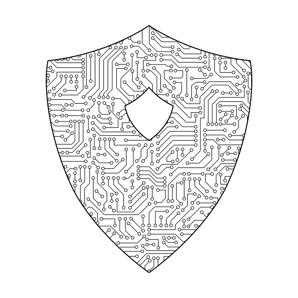 Safety circuit board shield icon for protecting password on white background in digital data code in security technology concept. Abstract illustration