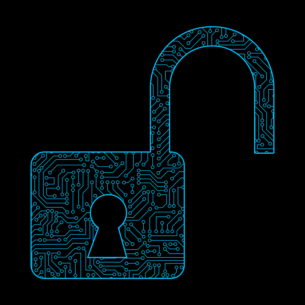 Unlock icon for protecting password with circuit board pattern texture on black background in digital data code and security technology concept. Abstract illustration