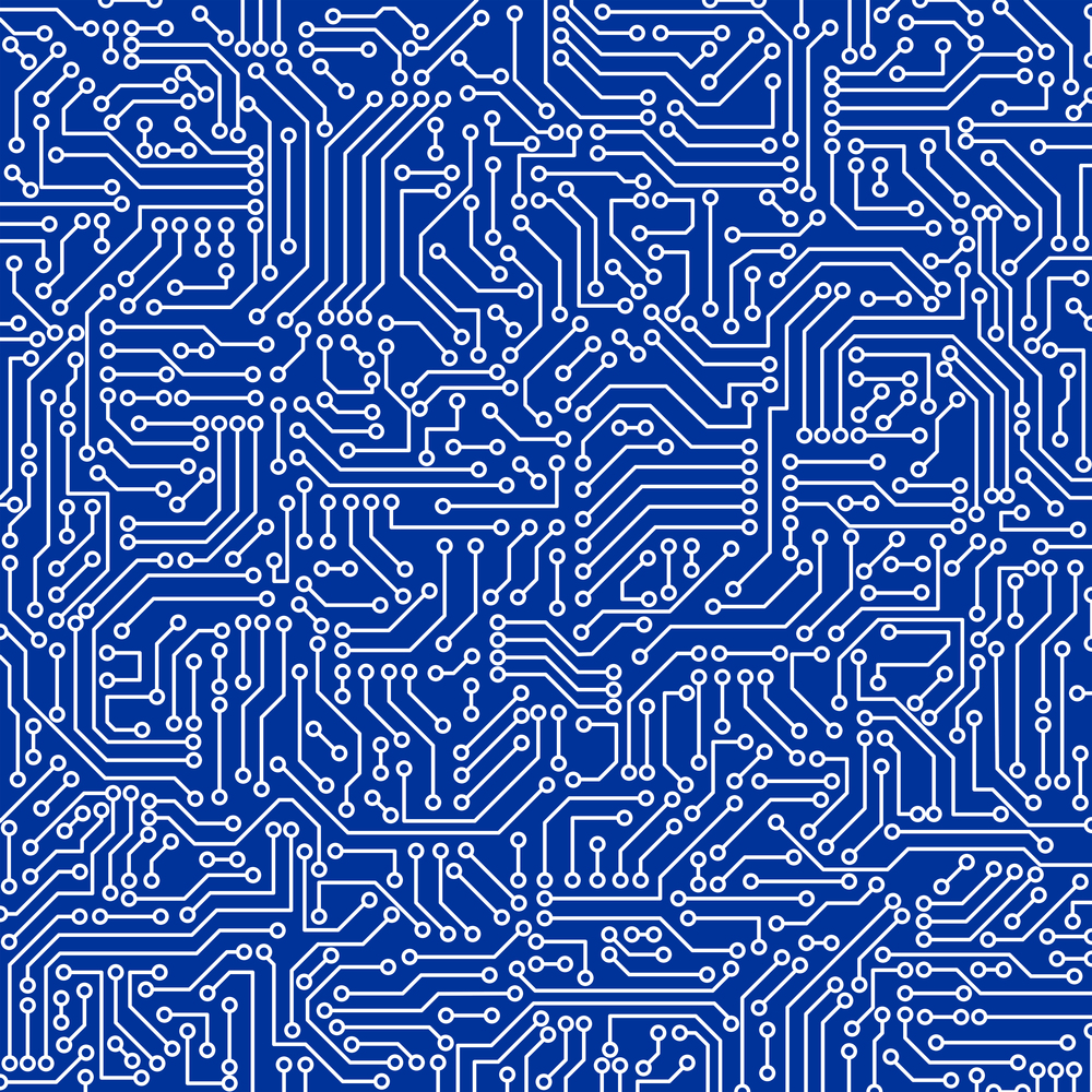 Blue circuit board seamless pattern texture. High-tech background in digital computer technology concept. Abstract illustration.