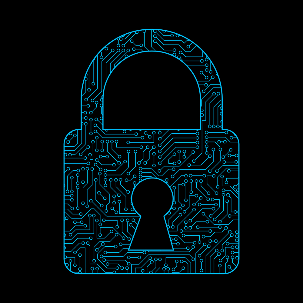 Safety lock icon for protecting password with circuit board pattern texture on black background in digital data code and security technology concept. Abstract illustration