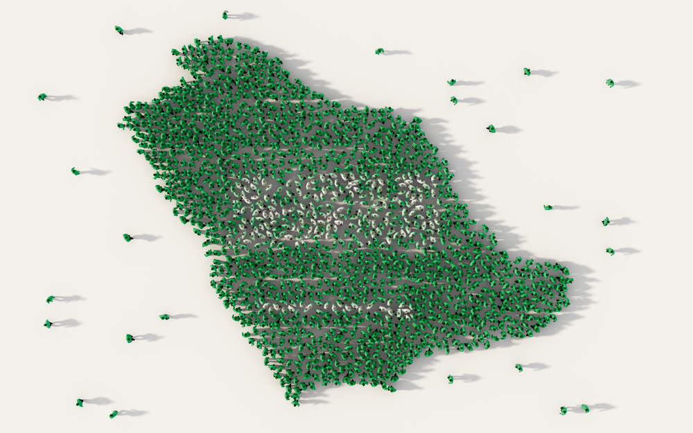 Large group of people forming Saudi Arabia map and national flag in social media and communication concept on white background. 3d sign symbol of crowd illustration from above gathered together