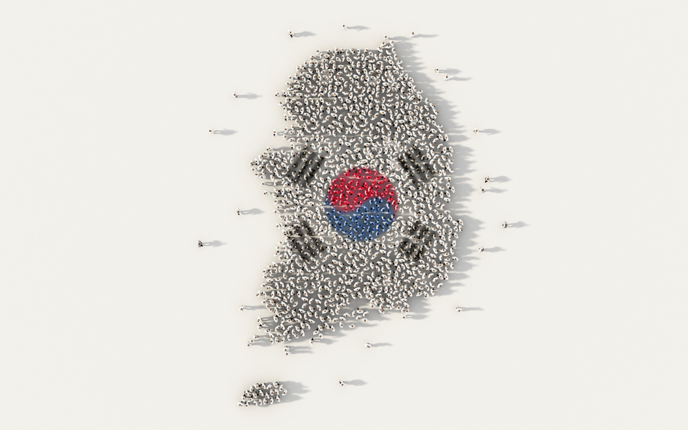 Large group of people forming South Korea map and national flag in social media and communication concept on white background. 3d sign symbol of crowd illustration from above gathered together