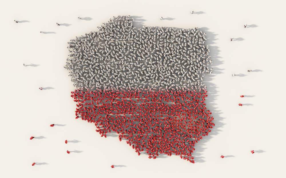 Large group of people forming Poland map and national flag in social media and communication concept on white background. 3d sign symbol of crowd illustration from above gathered together
