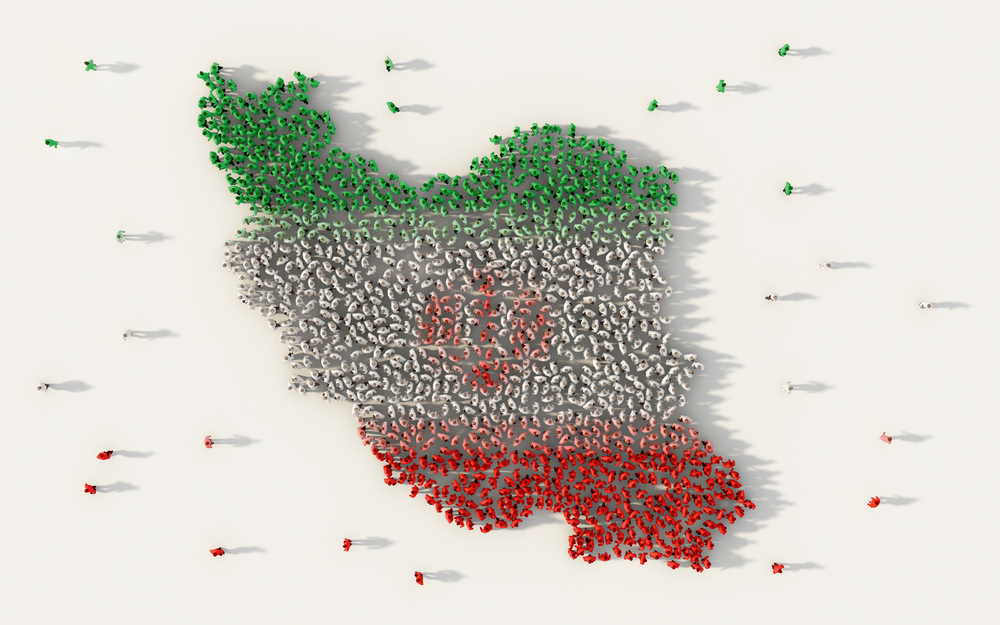 Large group of people forming Iran map and national flag in social media and communication concept on white background. 3d sign symbol of crowd illustration from above gathered together