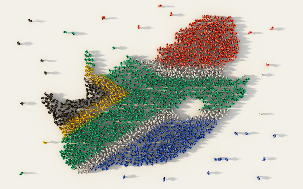 Large group of people forming South Africa map and national flag in social media and communication concept on white background. 3d sign symbol of crowd illustration from above gathered together