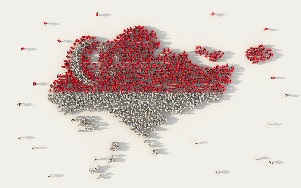 Large group of people forming Singapore map and national flag in social media and communication concept on white background. 3d sign symbol of crowd illustration from above gathered together