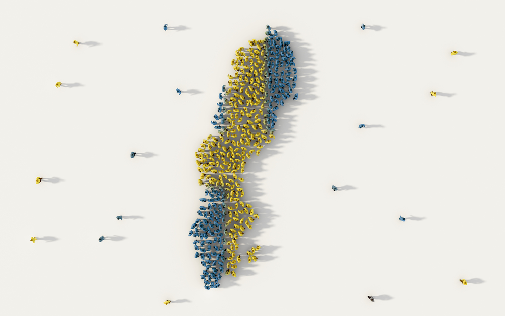 Large group of people forming Sweden map and national flag in social media and communication concept on white background. 3d sign symbol of crowd illustration from above gathered together
