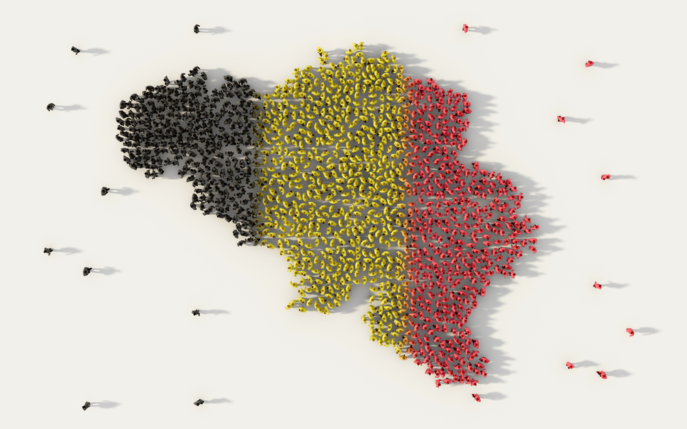 Large group of people forming Belgium map and national flag in social media and communication concept on white background. 3d sign symbol of crowd illustration from above gathered together