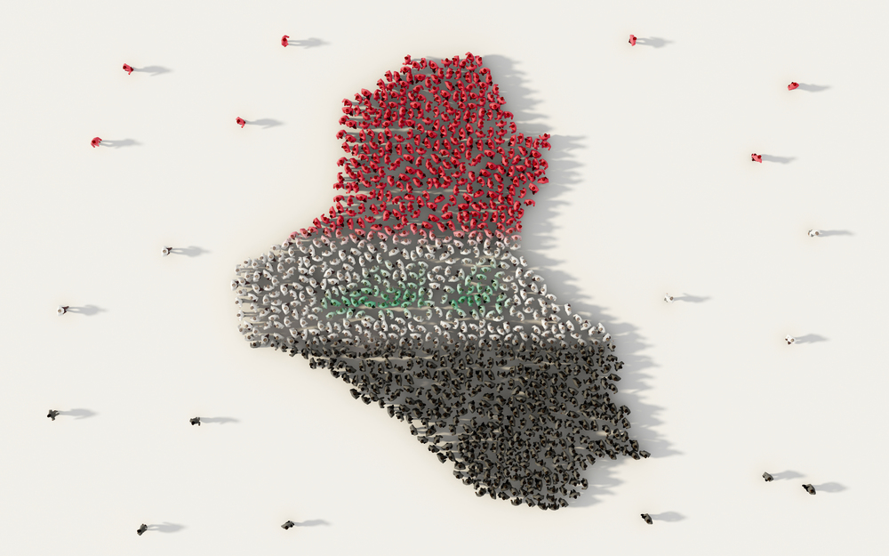 Large group of people forming Iraq map and national flag in social media and communication concept on white background. 3d sign symbol of crowd illustration from above gathered together